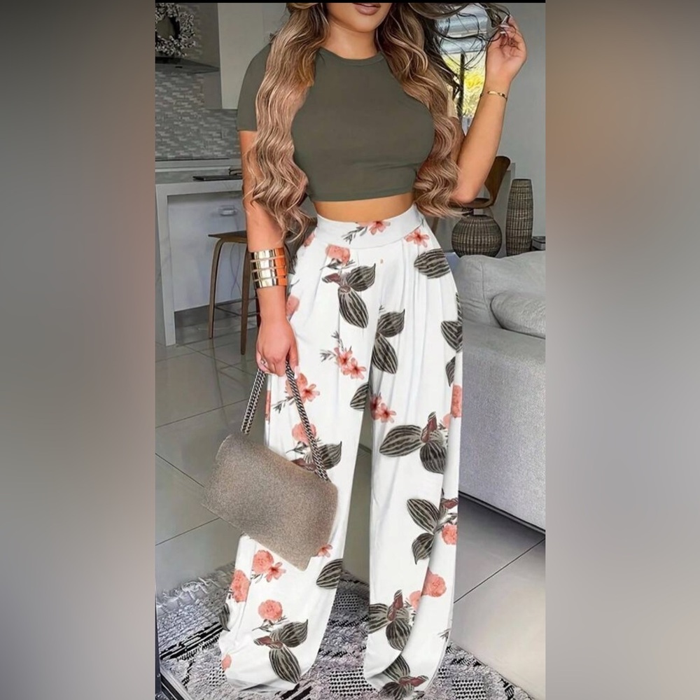 Women Flower Plant Print Long Pants Set For Spring/Summer